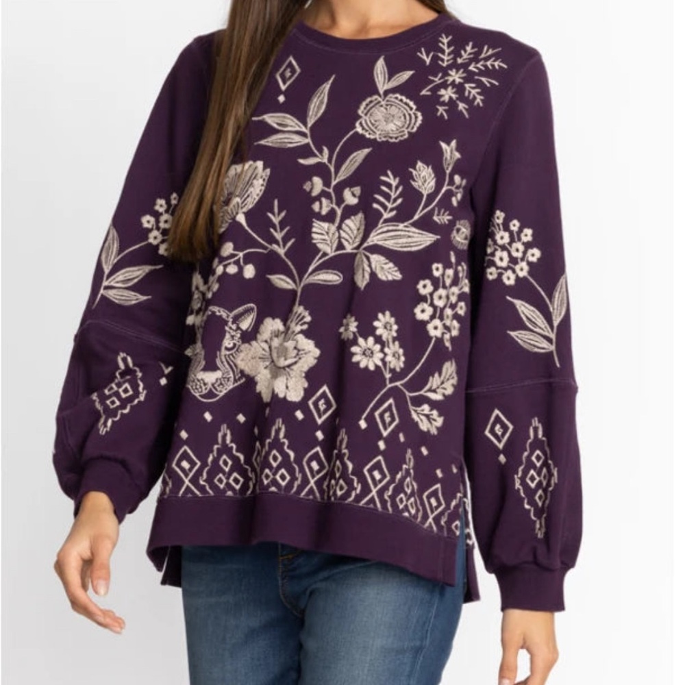 Johnny Was Deep Purple Embroidered Ivey High Slit Sweatshirt Small Boho Gypsy